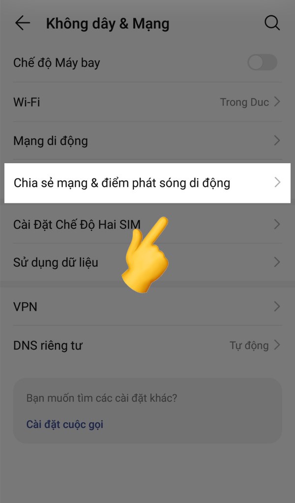 Chọn Chia sẻ mạng & điểm phát sóng di động