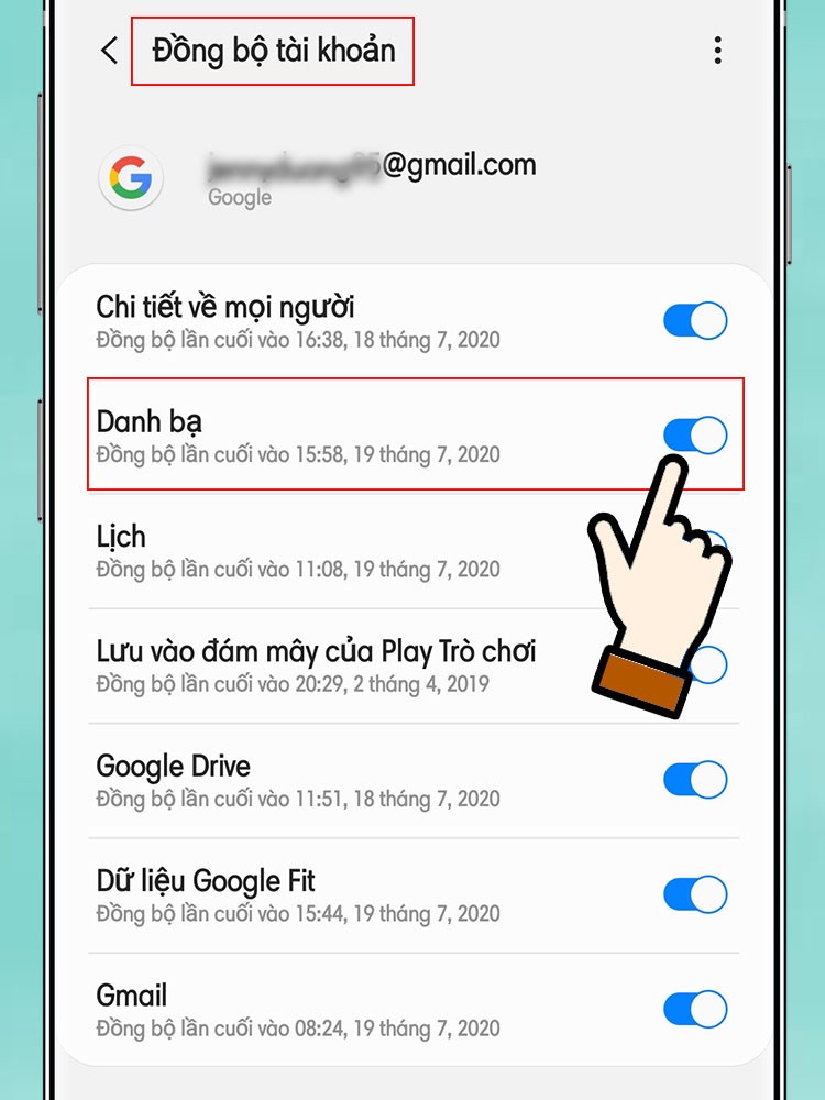 Chọn Đồng bộ t&agrave;i khoản > K&eacute;o thanh c&ocirc;ng cụ danh bạ để đồng bộ.