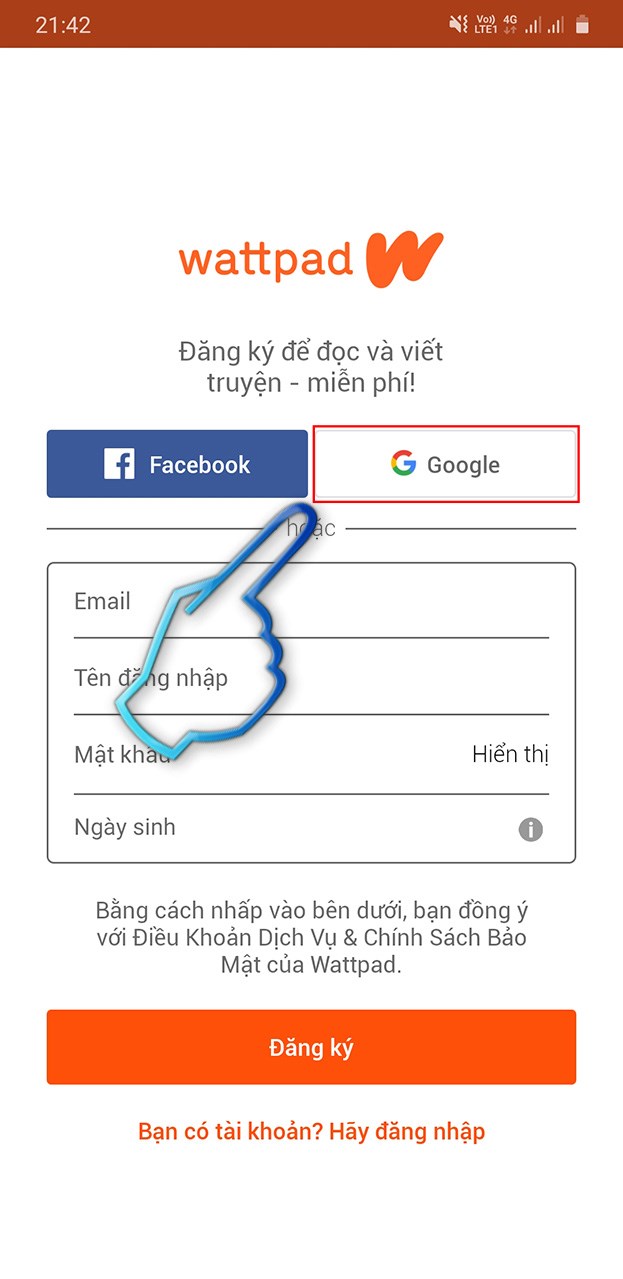 Bước 2: Nếu bạn muốn đăng ký tài khoản qua Google, nhấn vào mục Google.