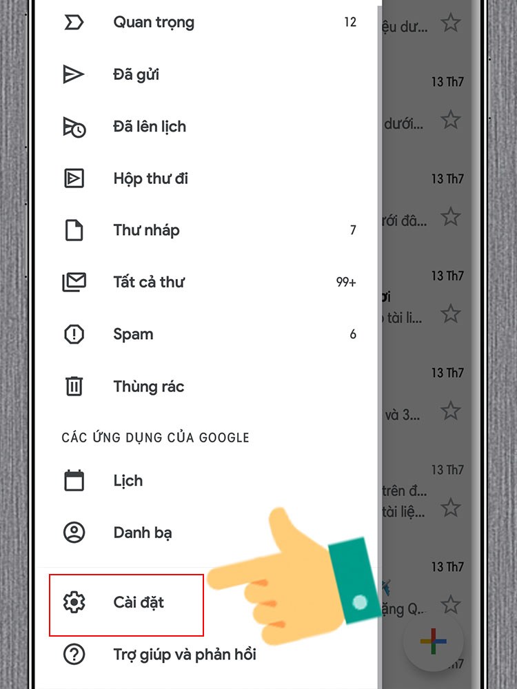 Mở ứng dụng Gmail trên điện thoại > Chọn biểu tượng 3 gạch góc trái > Kéo xuống dưới chọn Cài đặt.