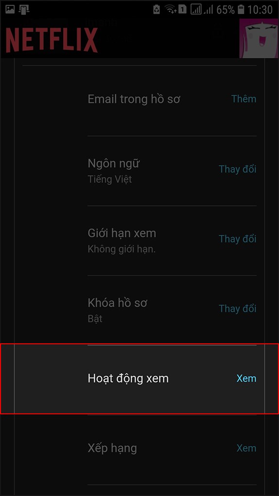 Chọn Xem tại mục Hoạt động xem