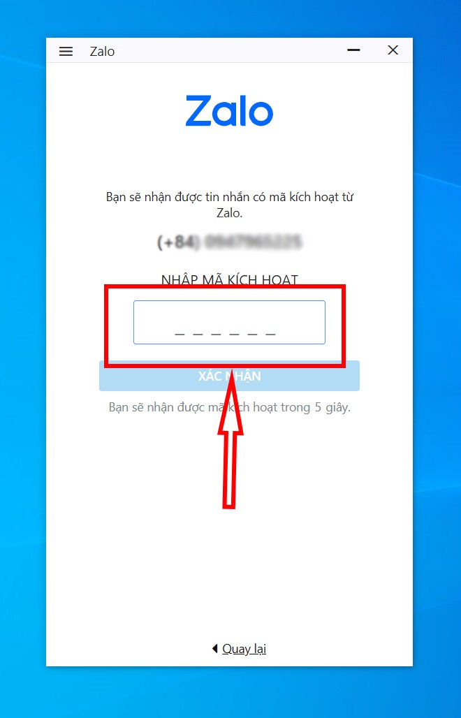 Nhập Mã kích hoạt Zalo