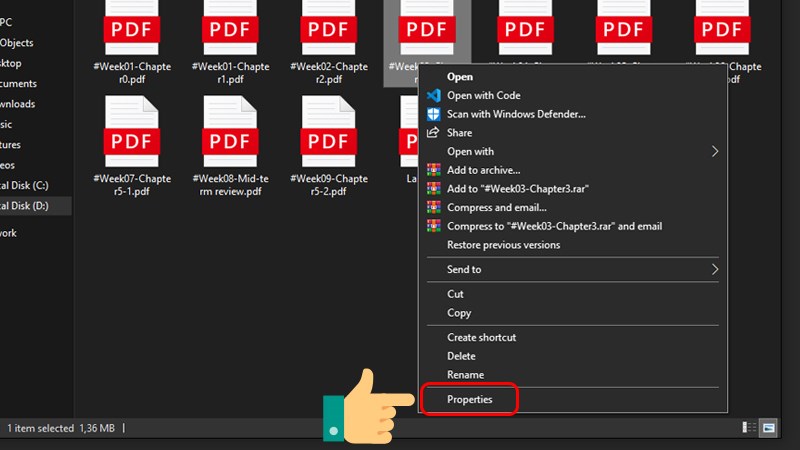 Nhấp chuột phải vào file và chọn Properties