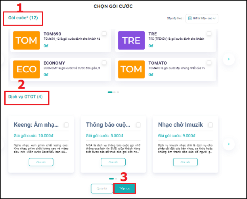 Chọn gói cước và dịch vụ