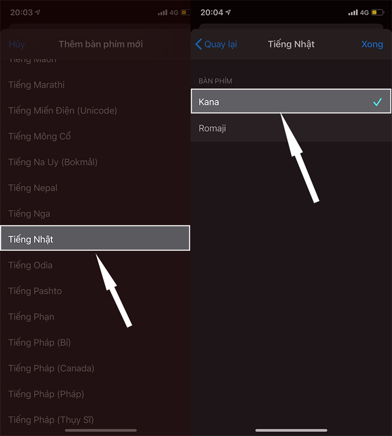 Bạn kéo xuống dưới và chọn Tiếng Nhật rồi chọn bàn phím Kana và nhấn nút Xong.