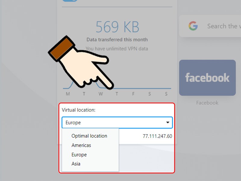 Nhấn Virtual Location để tùy chọn vùng muốn truy cập web.