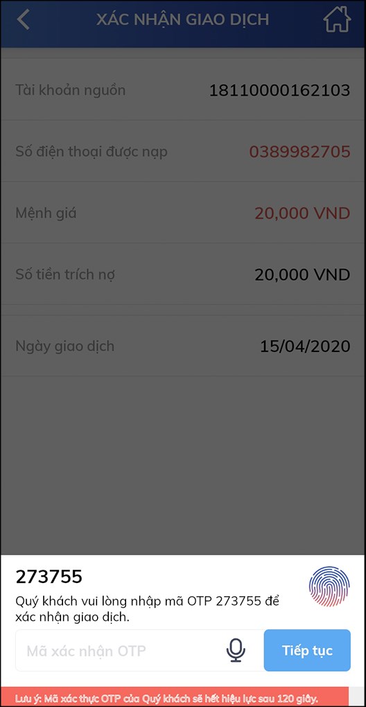 Nhập m&atilde; OTP > Nhấn Tiếp tục