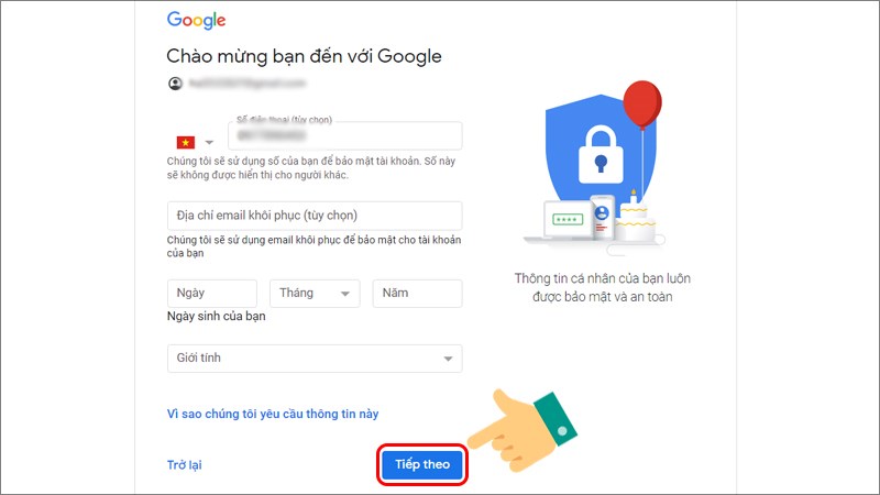 Ho&agrave;n tất c&aacute;c th&ocirc;ng tin cho t&agrave;i khoản