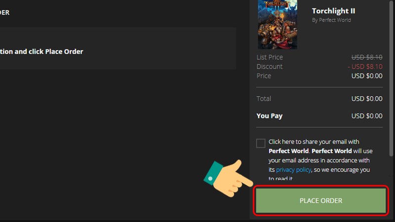 Chọn Place Order để lấy game