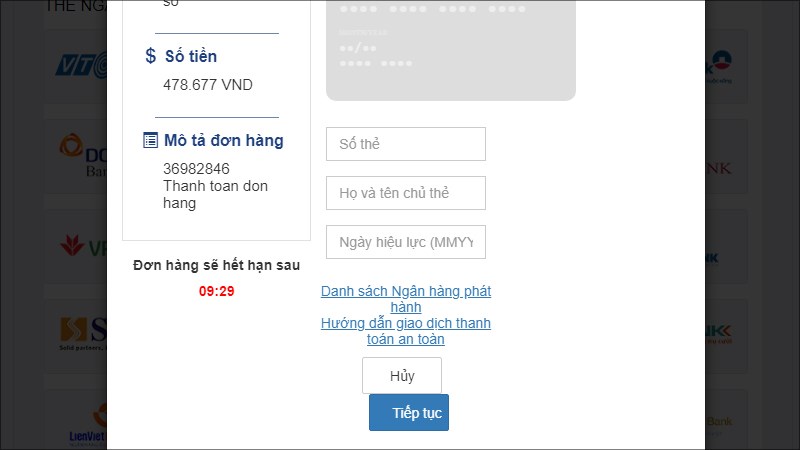 Điền các thông tin về thẻ ngân hàng và tiến hành thanh toán đơn hàng