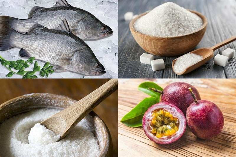 Các nguyên liệu món ăn uống cá chẽm sốt chanh dây cùng tôm sốt ckhô hanh dây