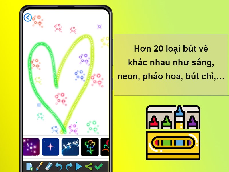 Hơn 20 loại bút vẽ khác nhau như sáng, neon, pháo hoa, bút chì,…
