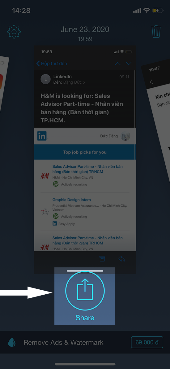 Bạn t&igrave;m ảnh m&agrave;n h&igrave;nh đ&atilde; được xử l&yacute; v&agrave; nhấn n&uacute;t Share.