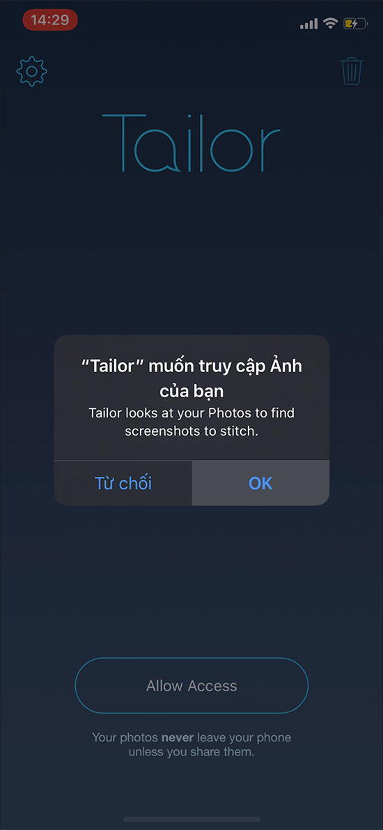 Mở ứng dụng Tailor 