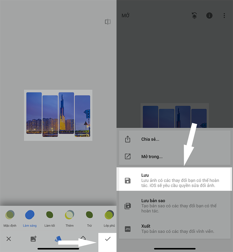bạn nhấn nút dấu tick ở góc dưới, phía bên phải. Sau đó, bạn chọn Lưu để tải hình về máy.