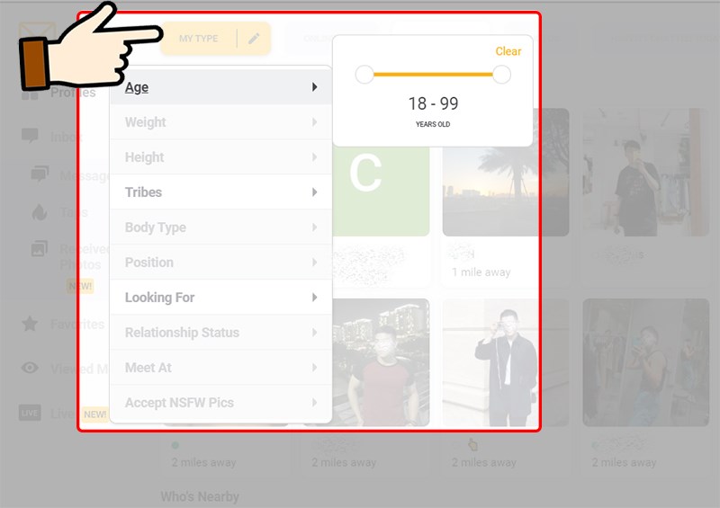 Nhấn vào My Type và chọn những yêu cầu, tiêu chuẩn, mục đích,... khi bạn tìm bạn bè, để ứng dụng tìm những người phù hợp với bạn.
