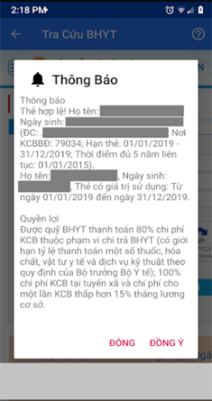 Cuối cùng, giao diện sẽ hiện ra thông báo hiển thị đầy đủ thông tin thẻ bảo hiểm y tế gồm họ tên, hiệu lực thẻ và các quyền lợi của bảo hiểm y tế