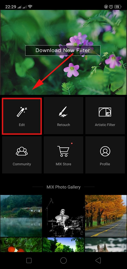 Mở danh mục Edit tr&ecirc;n ứng dụng MIX tr&ecirc;n điện thoại