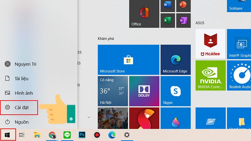 Mở menu Start tr&ecirc;n Windows 10 >&nbsp;Chọn C&agrave;i đặt (Settings).
