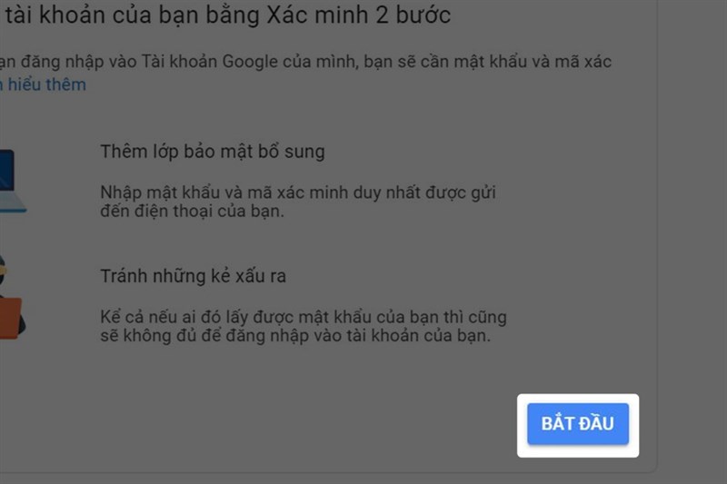 Bắt đầu vào xác minh 2 bước.