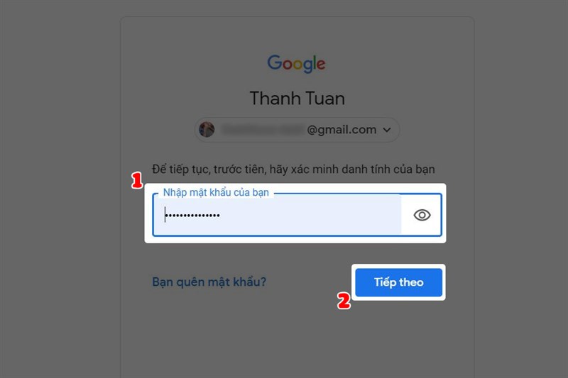 Điền mật khẩu và tiếp theo.