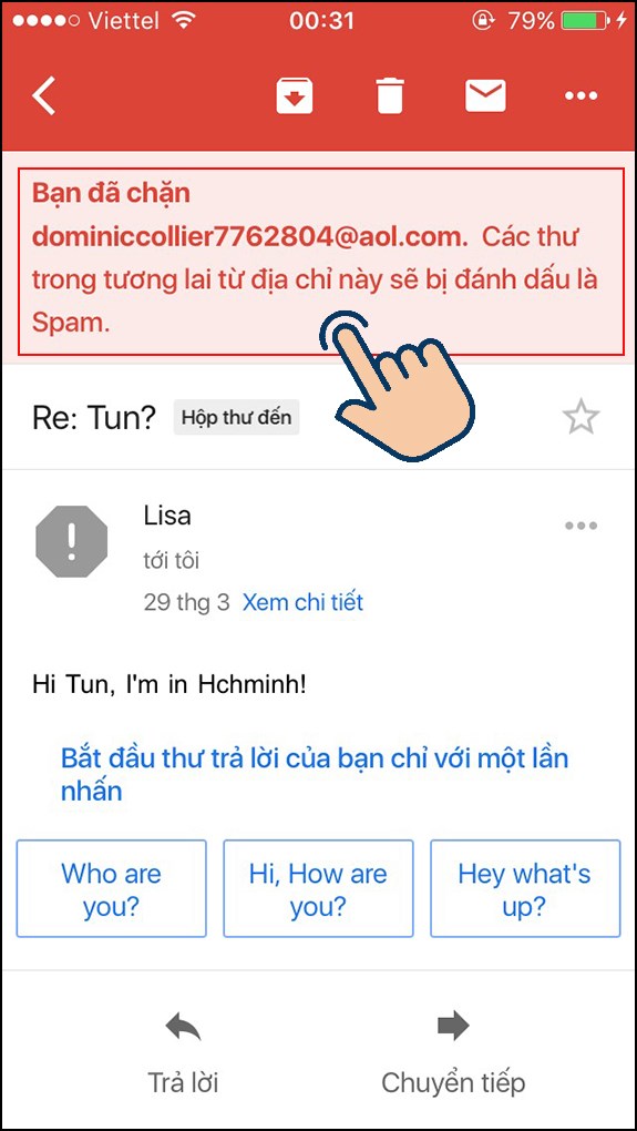 Lúc này bạn đã chặn địa chỉ email thành công.