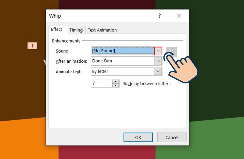 nhấn vào biểu tượng mũi tên xổ xuống tại phần sound