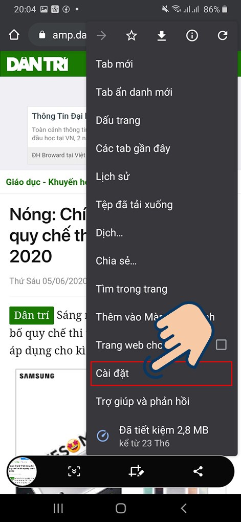 chọn vào Cài đặt.