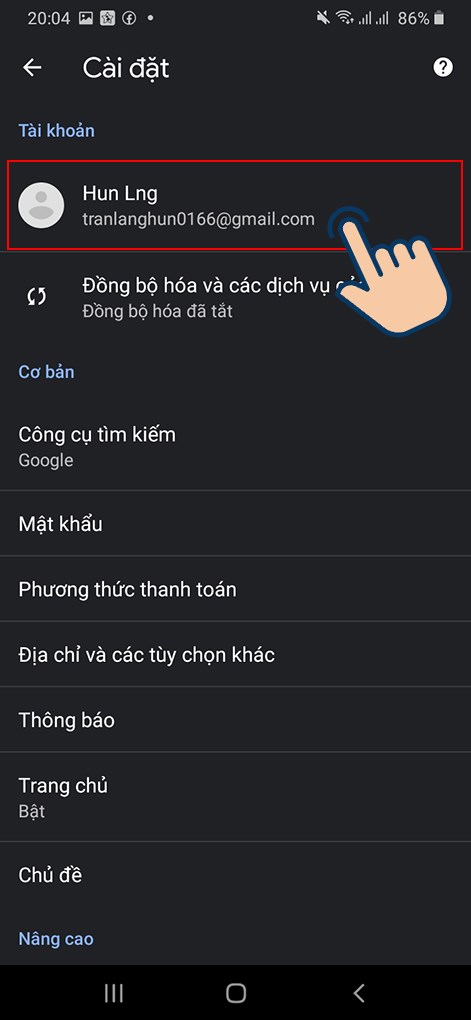 Chọn vào Tài khoản.