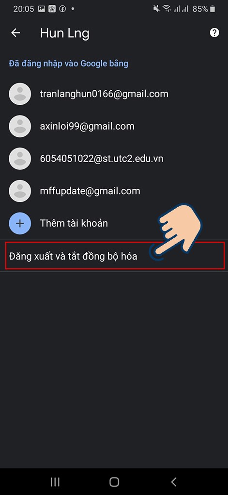 Chọn vào Đăng xuất và tắt đồng bộ hoá.