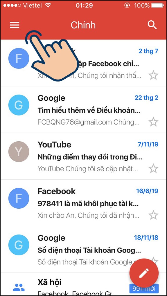 Mở Gmail trên điện thoại và chọn biểu tượng 3 gạch ngang