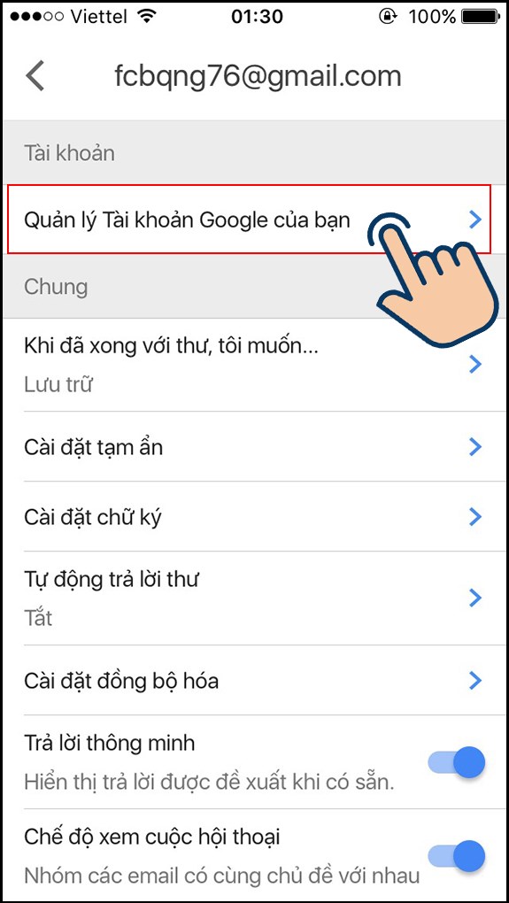 Nhấn vào Quản lý tài khoản Google của bạn