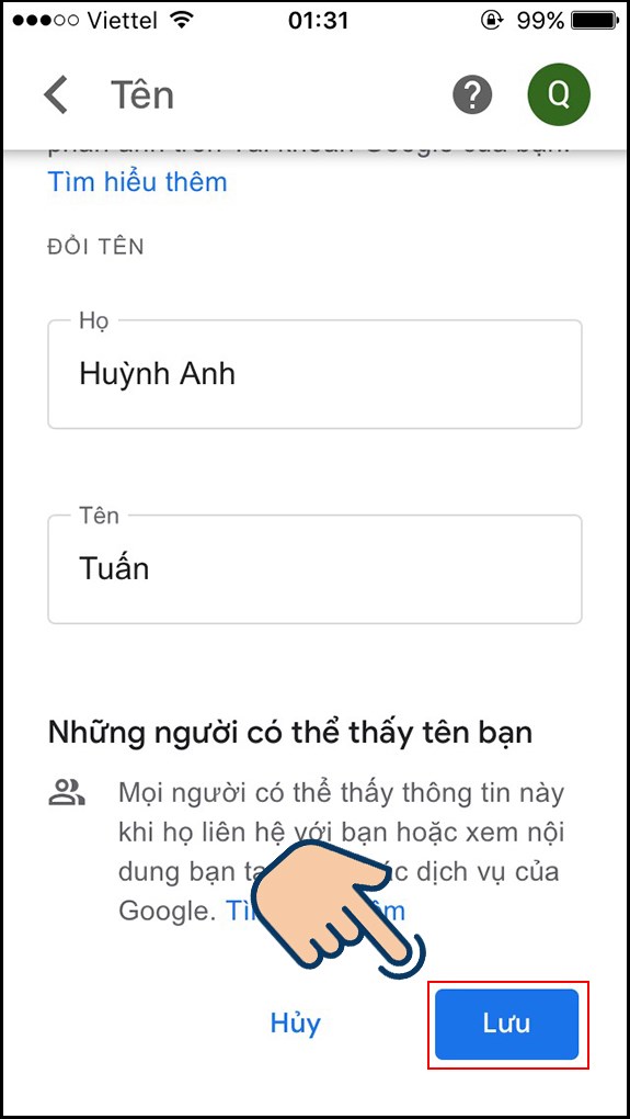 Nhập họ tên mới và nhấn Lưu