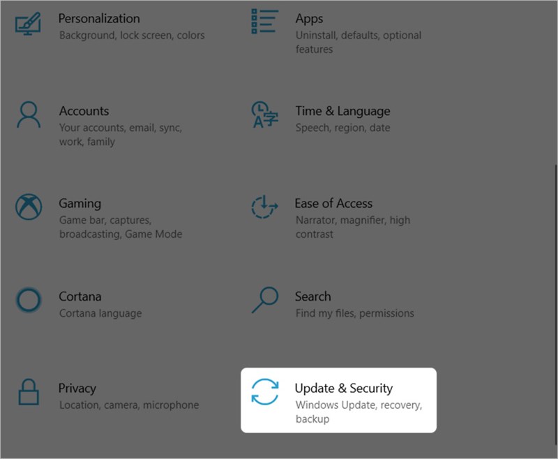 Chọn mục Update & Security.