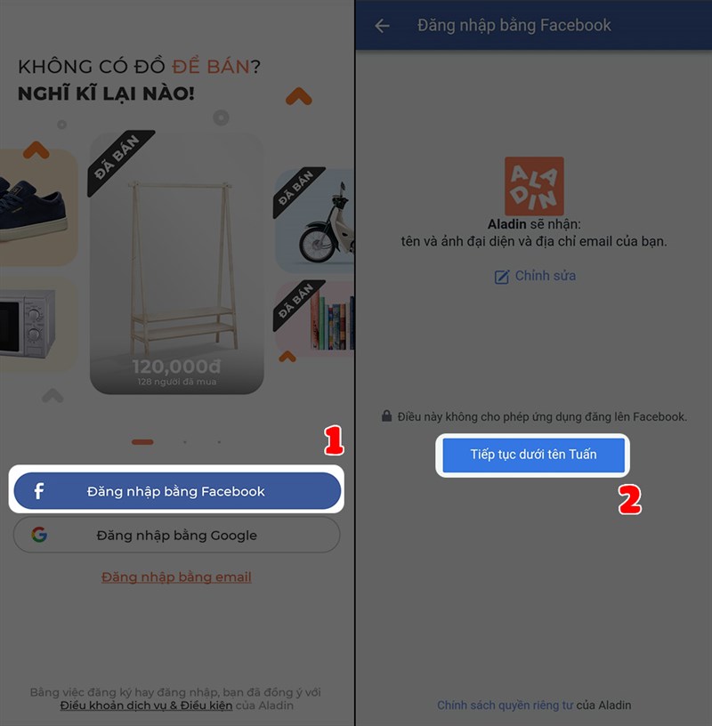 Đăng nhập bằng tài khoản facebook.