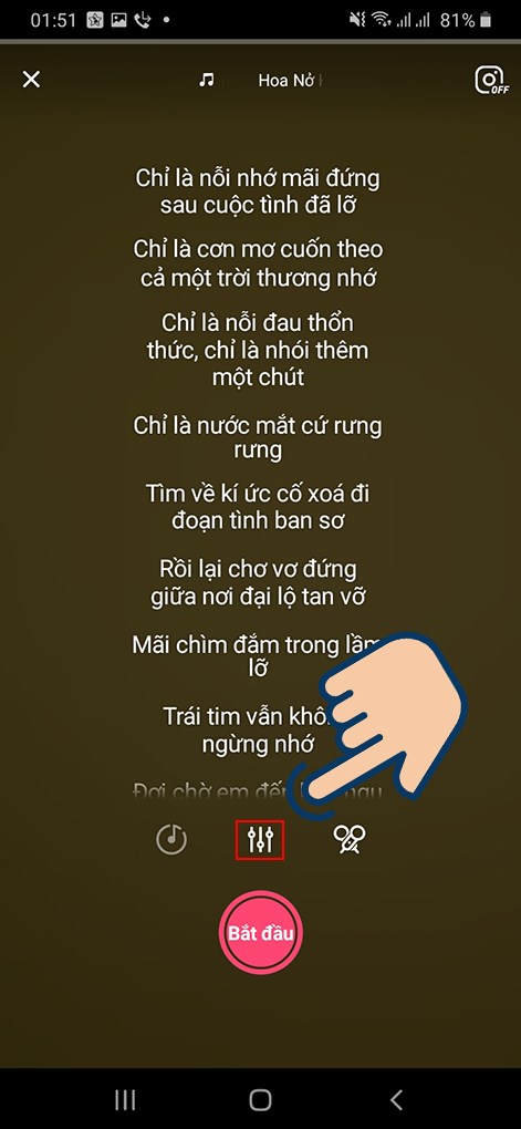 Chọn biểu tượng ở giữa để điều chỉnh hiệu ứng phòng thu, tone nhạc,..