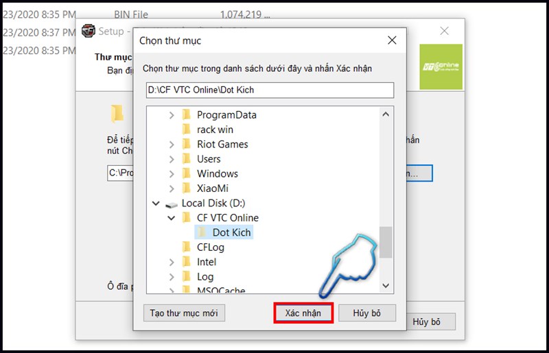 Sau khi nhấn Chọn, bạn cần chọn thư mục bạn muốn cài đặt game. Sau đó nhấn Xác nhận để hoàn thành việc chọn thư mục cài đặt.