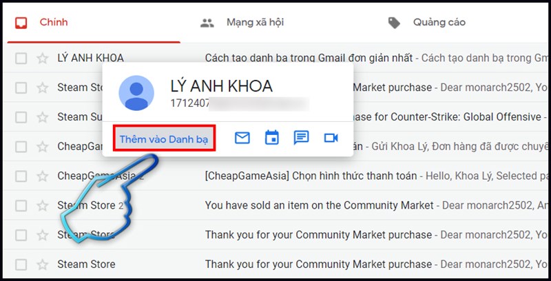 Bước 2: Di chuyển chuột tới tên người gửi > Chọn thêm vào danh bạ.