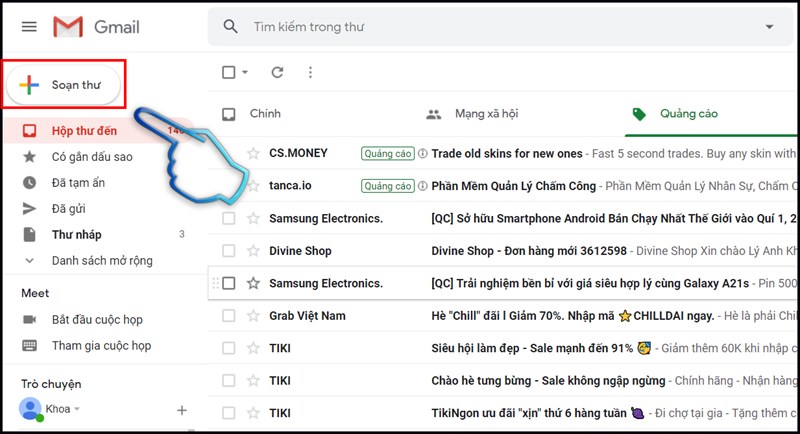 Bước 1: Tại giao diện chính Gmail chọn "Soạn thư".