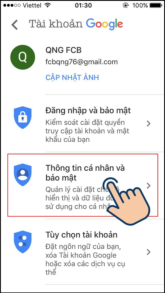  Tại giao diện Tài khoản Google, chọn Thông tin cá nhân và bảo mật.