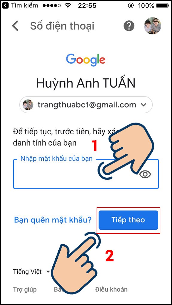 Xác nhận lại mật khẩu và nhấn Tiếp theo.