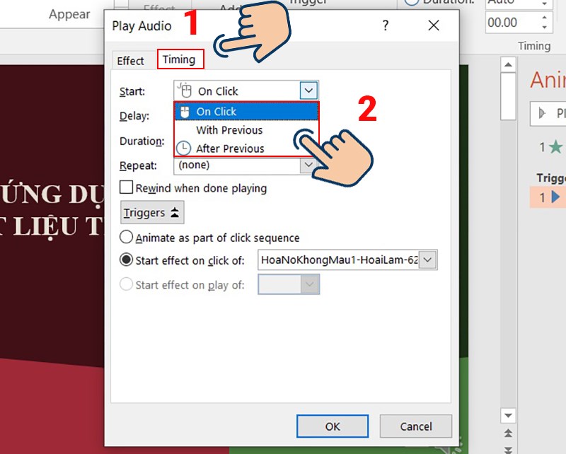 Ở tab  Timing chọn:  With Previous, On Click, hoặc After Previous