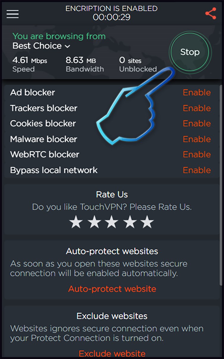 Bước 6: Để tắt tiện ich bạn làm cũng mở Touch VPN như bước 5 và chọn Stop.