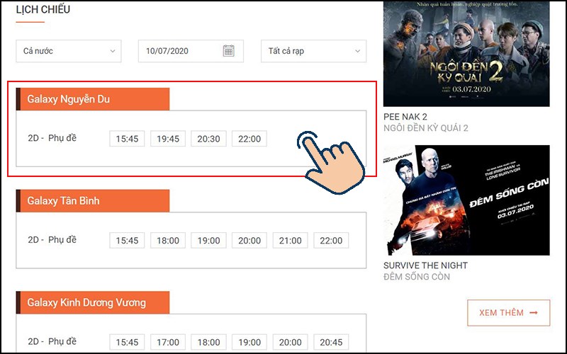 Kéo xuống dưới bạn sẽ thấy những lịch chiếu phim 