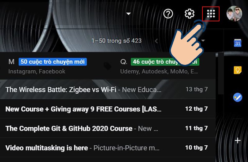Mở Gmail ở tr&igrave;nh duyệt bất kỳ chọn biểu tượng &ocirc; vu&ocirc;ng.
