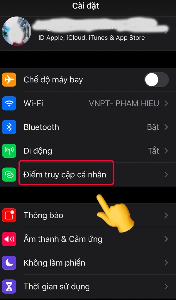 Quay lại phần Cài đặt và chọn Điểm truy cập cá nhân 