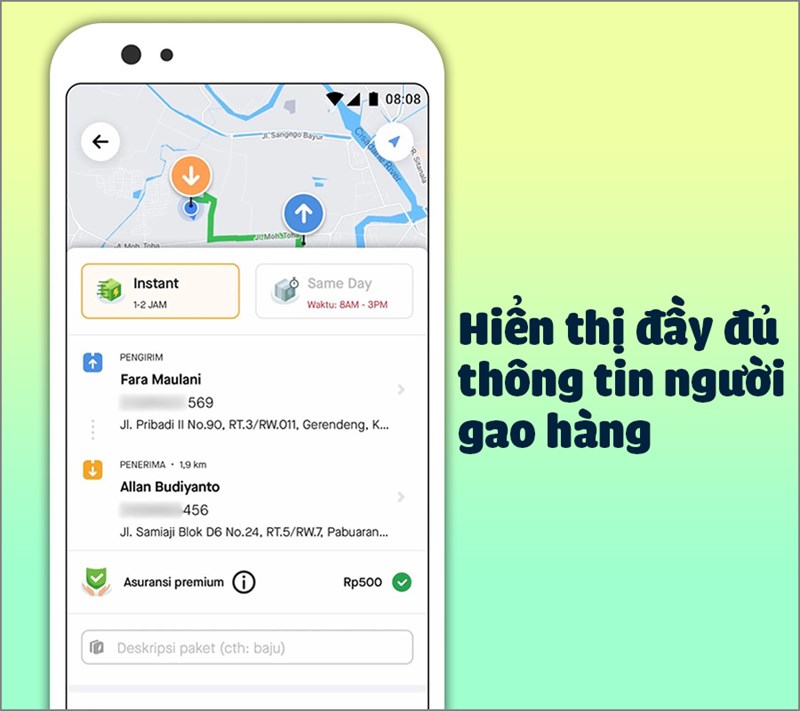 Ứng dụng Gojek sẽ hiển thi đầy đủ thông tin của tài xế.