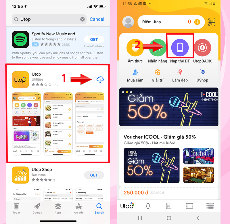 Tải ứng dụng Utop, Chọn mục Nạp thẻ ĐT