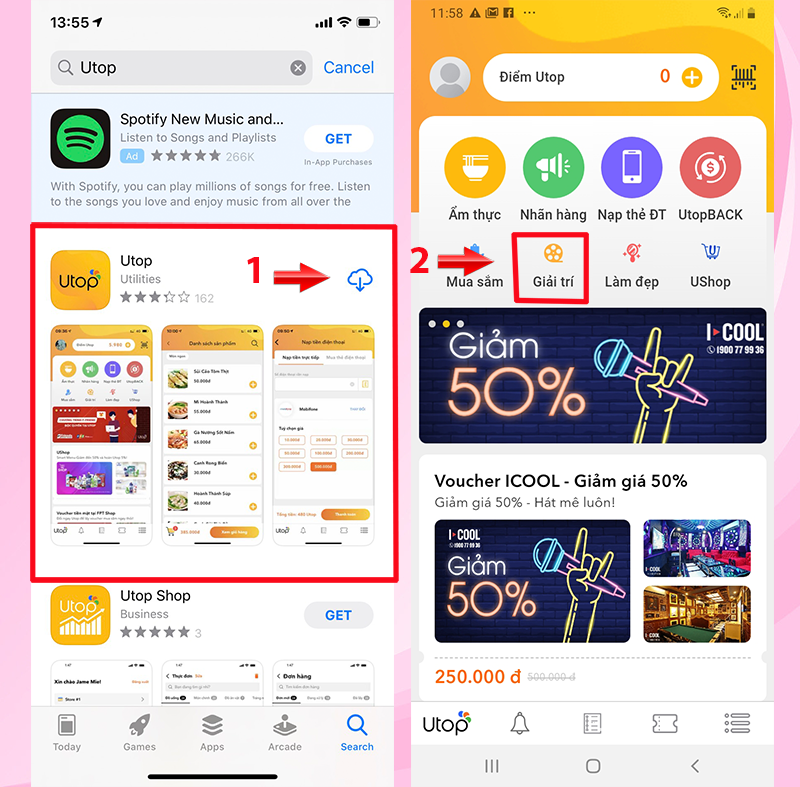 Tải ứng dụng Utop, Chọn mục Giải trí
