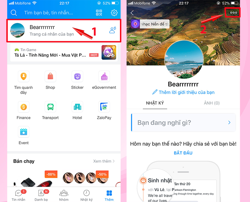 Chọn vào trang cá nhân > Chọn vào biểu tượng 3 chấm
